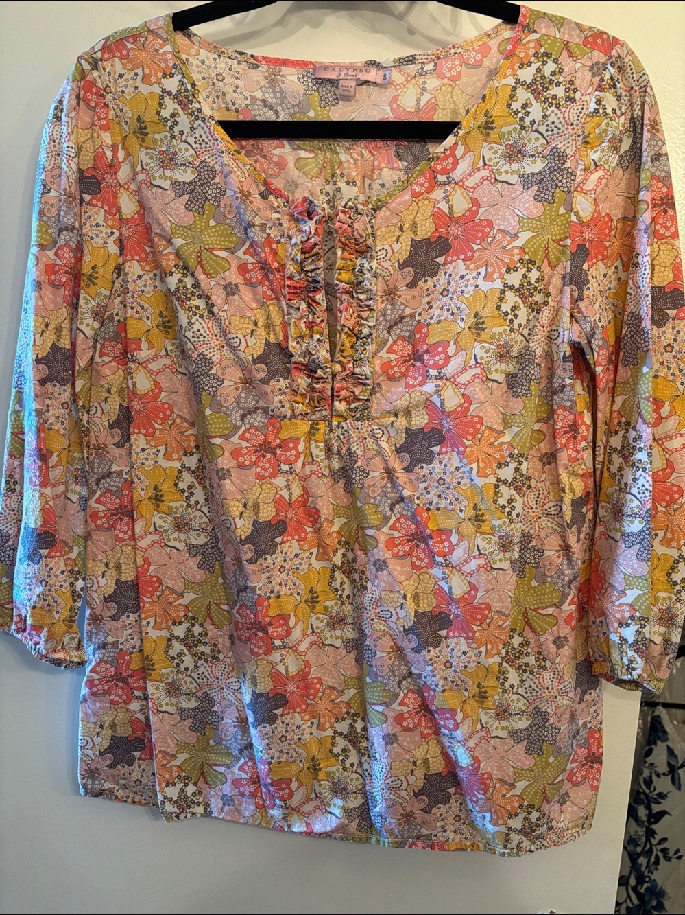 Calypso St. Barth Multicolor Floral Ruffle V-Neck Blouse